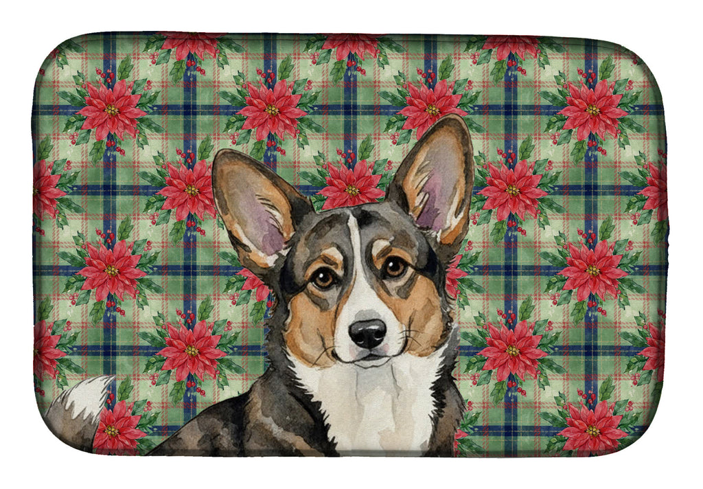 Brindle Cardigan Welsh Corgi Christmas PoinsettIas Dish Drying Mat Absorbent Dish Drying Mat Pad for Kitchen Counter Dish Drainer Mat for Countertop, 14 x 21", Multicolor