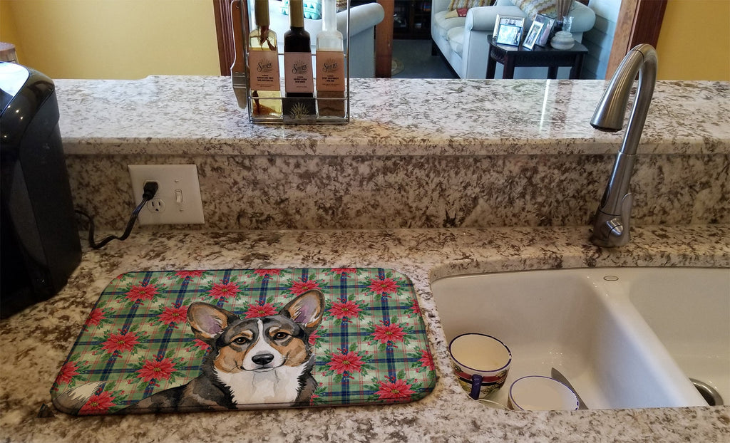Brindle Cardigan Welsh Corgi Christmas PoinsettIas Dish Drying Mat Absorbent Dish Drying Mat Pad for Kitchen Counter Dish Drainer Mat for Countertop, 14 x 21", Multicolor
