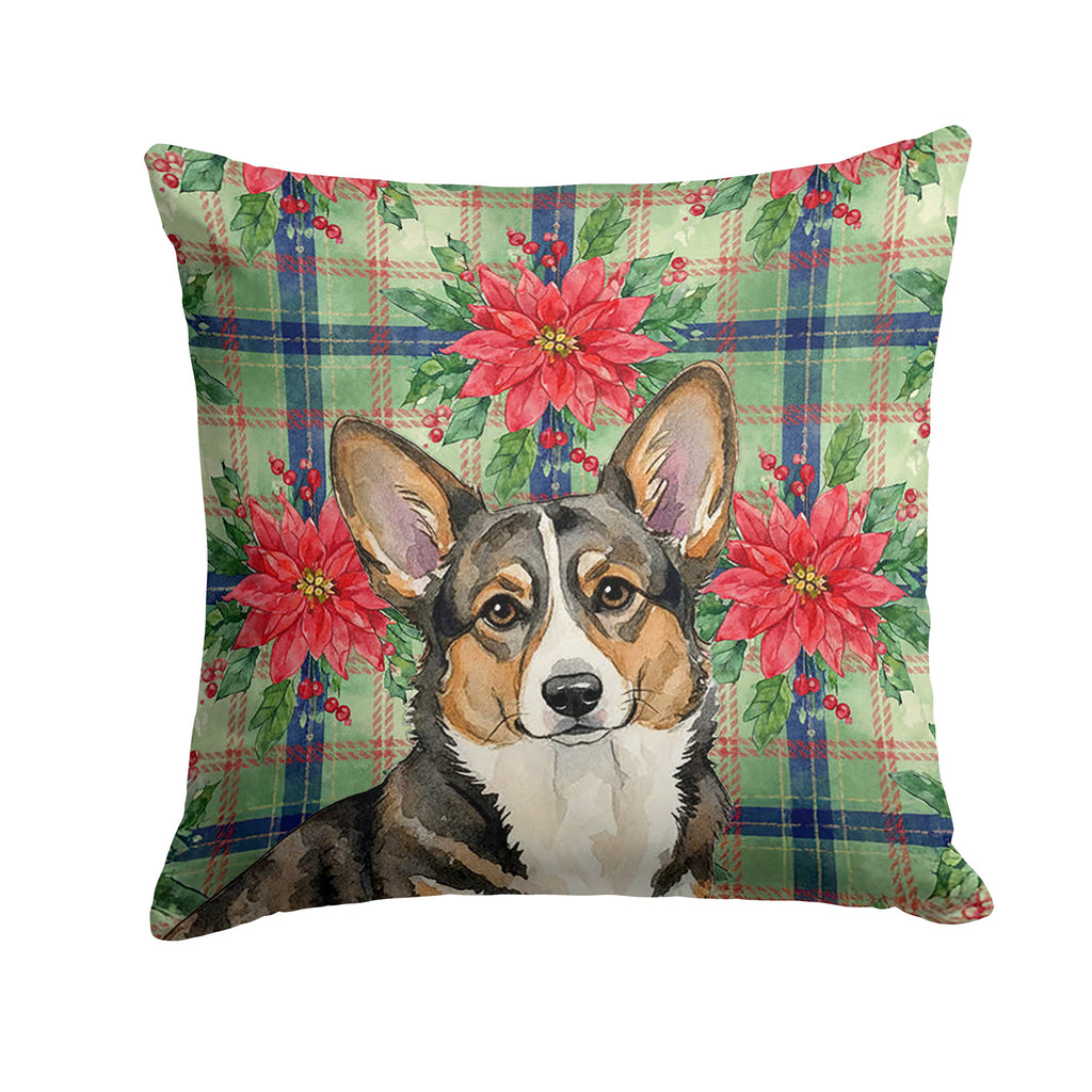 Brindle Cardigan Welsh Corgi Christmas PoinsettIas Decorative Throw Pillow 18x18 Indoor Outdoor Accent Cushion, Fabric Cover with Insert for Sofa, Bed, Porch & Living Room