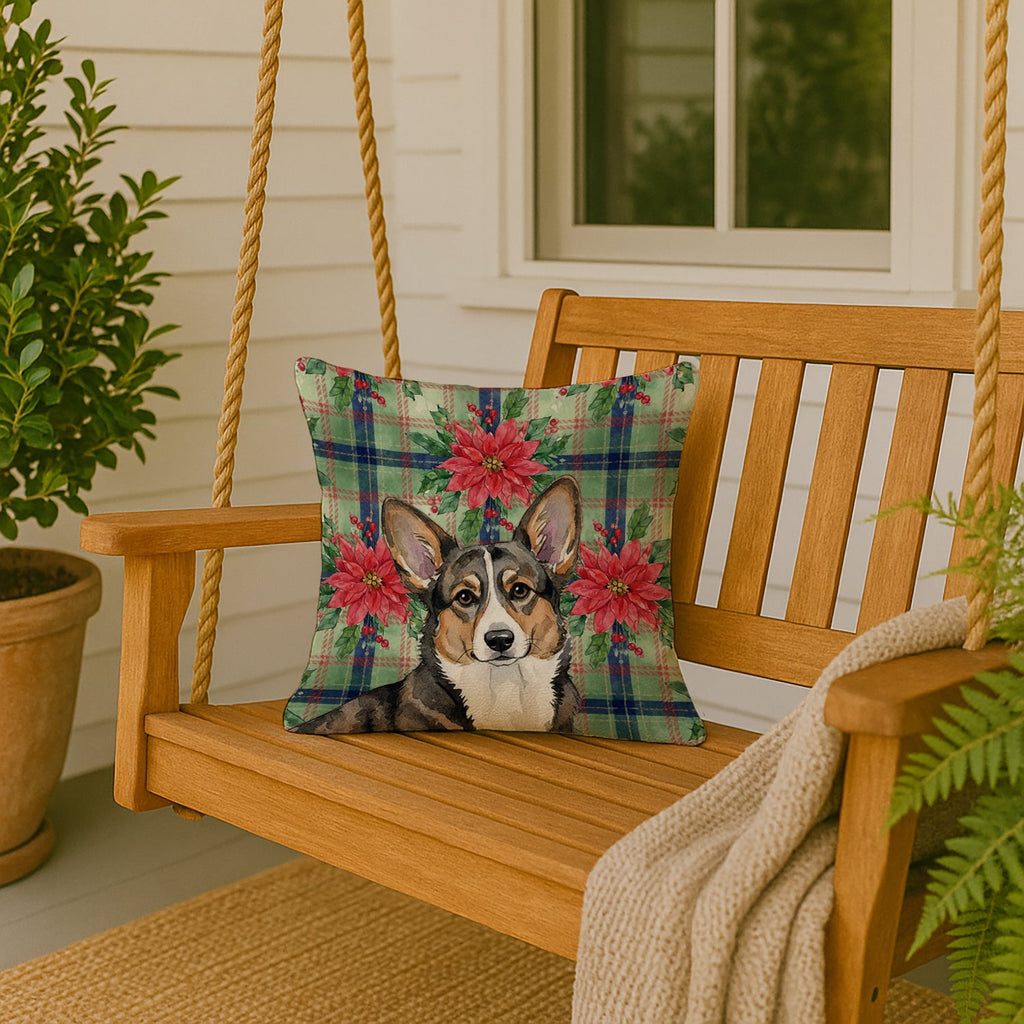 Brindle Cardigan Welsh Corgi Christmas PoinsettIas Decorative Throw Pillow 18x18 Indoor Outdoor Accent Cushion, Fabric Cover with Insert for Sofa, Bed, Porch & Living Room