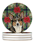 Brindle Cardigan Welsh Corgi Christmas PoinsettIas Large Sandstone Coasters Pack of 4 Absorbent Round Coasters Decor Gifts for Men or Women, 4 in, Multicolor