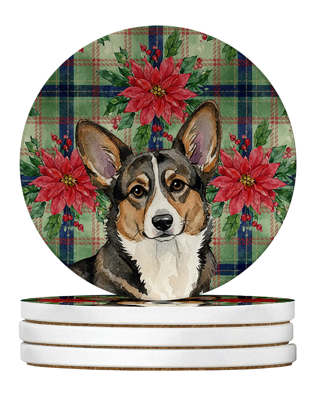 Brindle Cardigan Welsh Corgi Christmas PoinsettIas Large Sandstone Coasters Pack of 4 Absorbent Round Coasters Decor Gifts for Men or Women, 4 in, Multicolor