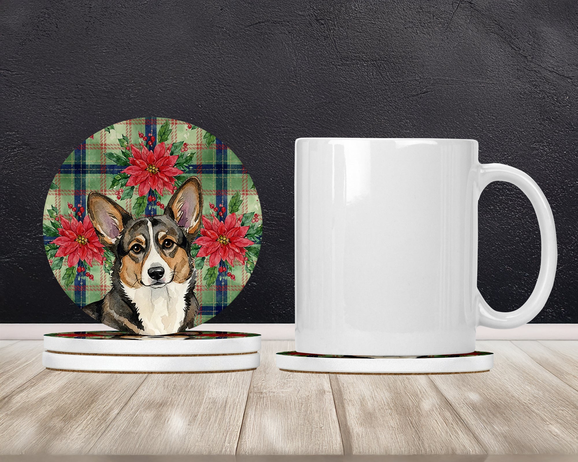 Brindle Cardigan Welsh Corgi Christmas PoinsettIas Large Sandstone Coasters Pack of 4 Absorbent Round Coasters Decor Gifts for Men or Women, 4 in, Multicolor