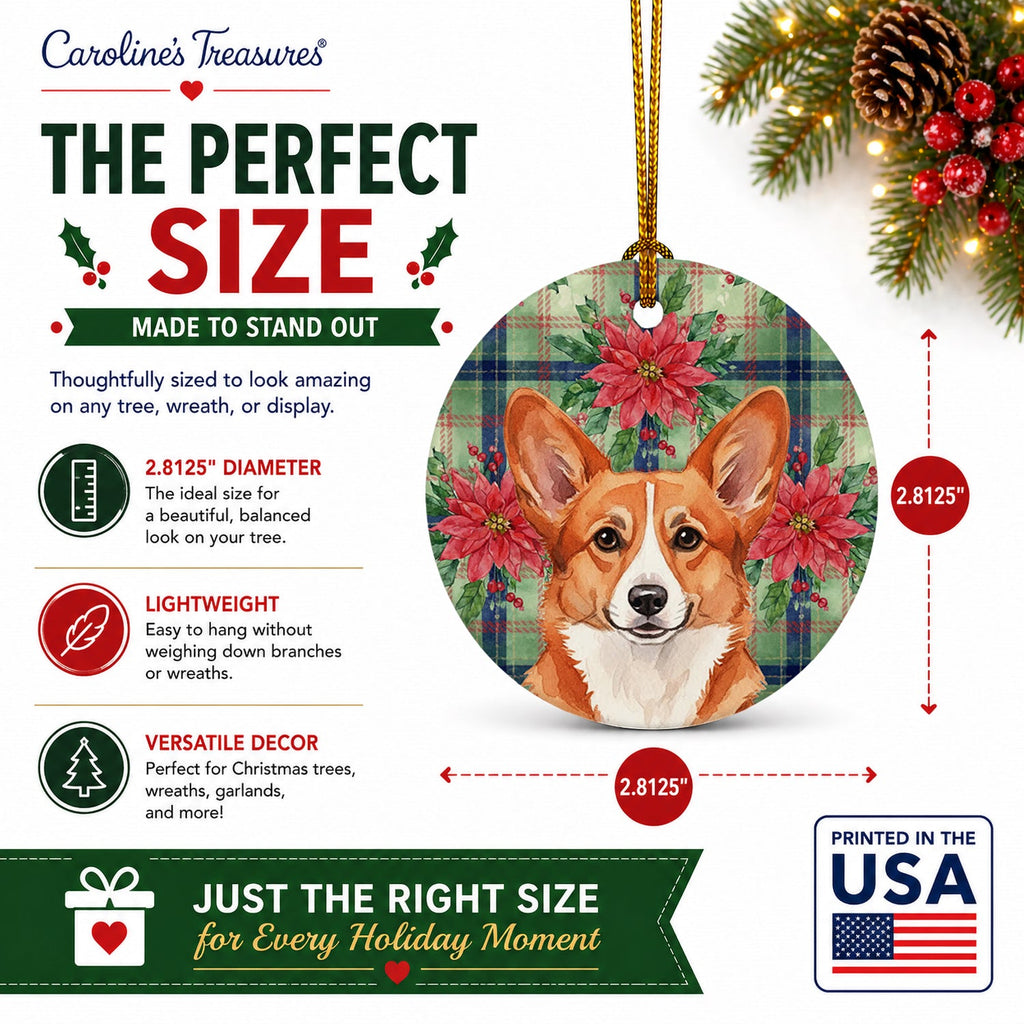 Red Cardigan Welsh Corgi Christmas PoinsettIas Ceramic Ornament Christmas Tree Hanging Decorations for Home Christmas Holiday, Party, Gift, 3 in, Multicolor