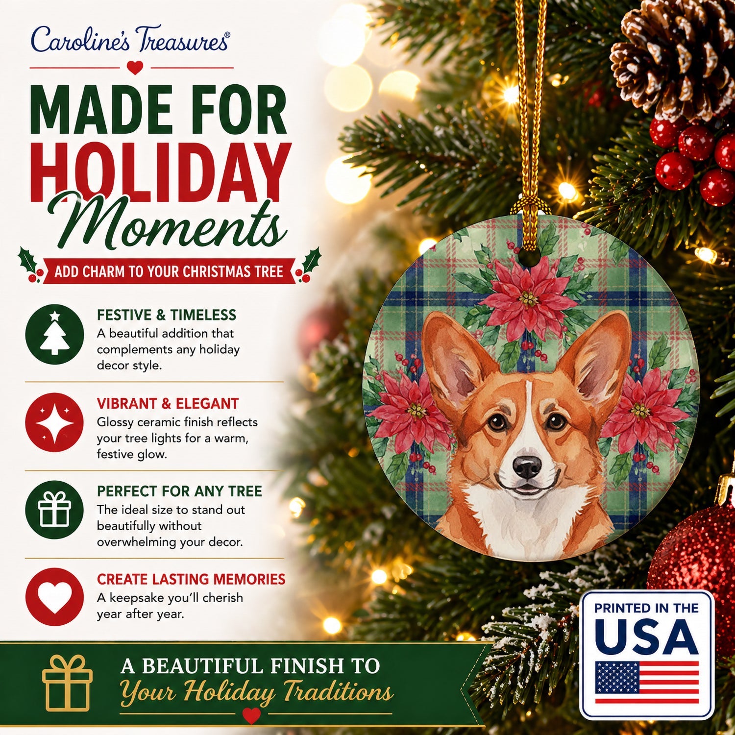 Red Cardigan Welsh Corgi Christmas PoinsettIas Ceramic Ornament Christmas Tree Hanging Decorations for Home Christmas Holiday, Party, Gift, 3 in, Multicolor