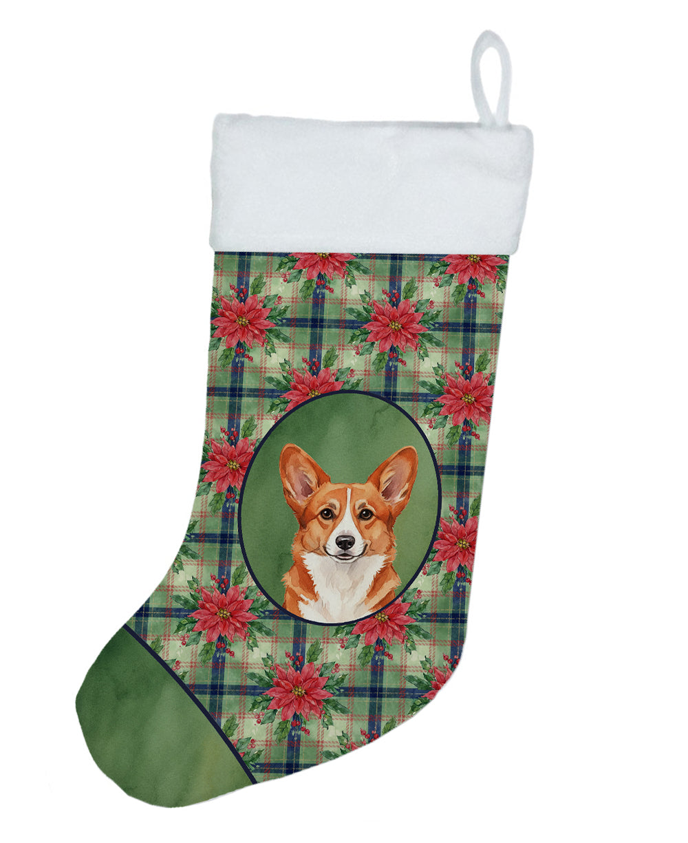 Red Cardigan Welsh Corgi Christmas PoinsettIas Holiday Stocking Double-Sided Print, Polyester Suede,11x18, Made in USA
