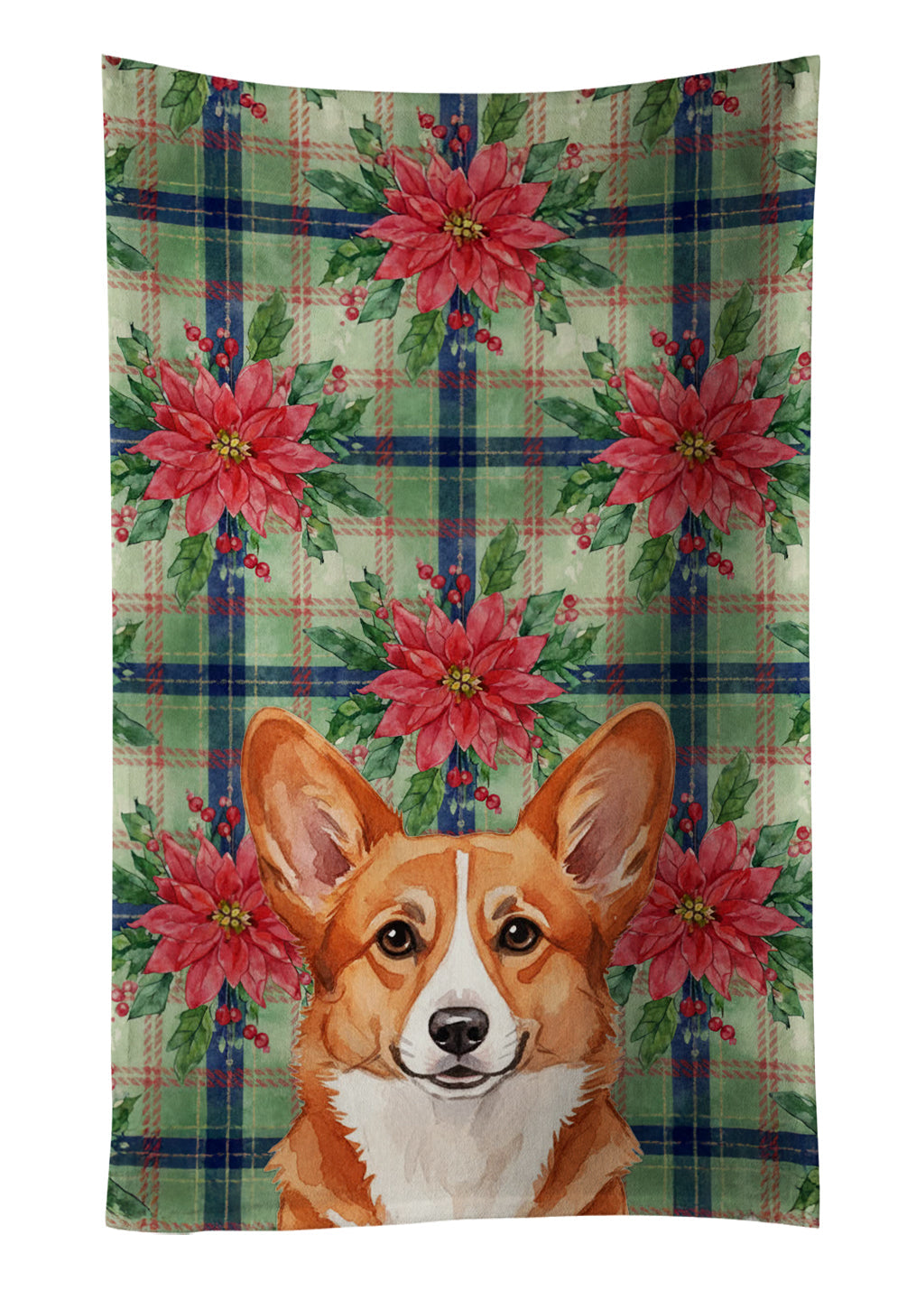 Red Cardigan Welsh Corgi Christmas PoinsettIas Kitchen Towel Velour Plush Front and Cotton Loop Back Machine Washable