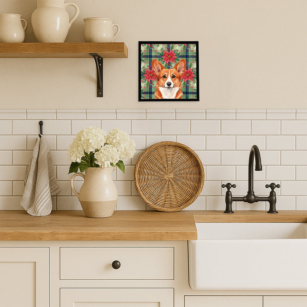 Red Cardigan Welsh Corgi Christmas PoinsettIas Framed Metal Print Bathroom, Kitchen, Office, Home Decor Wall Art Ready to Hang, Square, 8X8