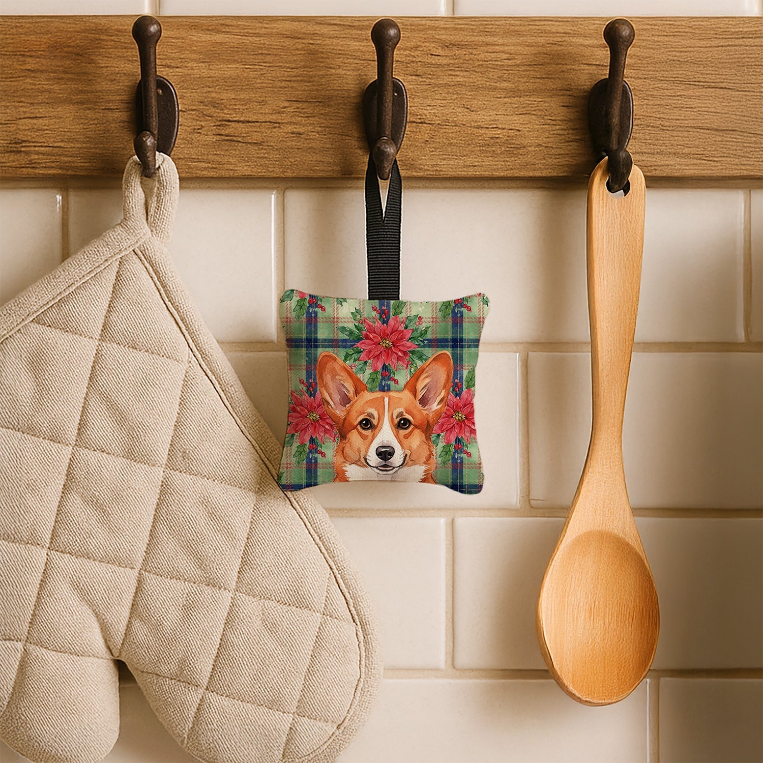 Red Cardigan Welsh Corgi Christmas PoinsettIas Hanging Square Fabric Ornament 3.5 � 3.5 Decorative Door-Knob & Tree Hanger, Soft Fabric