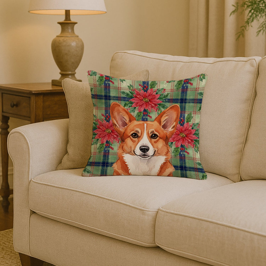 Red Cardigan Welsh Corgi Christmas PoinsettIas Decorative Throw Pillow 14x14 Indoor Outdoor Accent Cushion, Fabric Cover with Insert for Sofa, Bed, Porch & Living Room