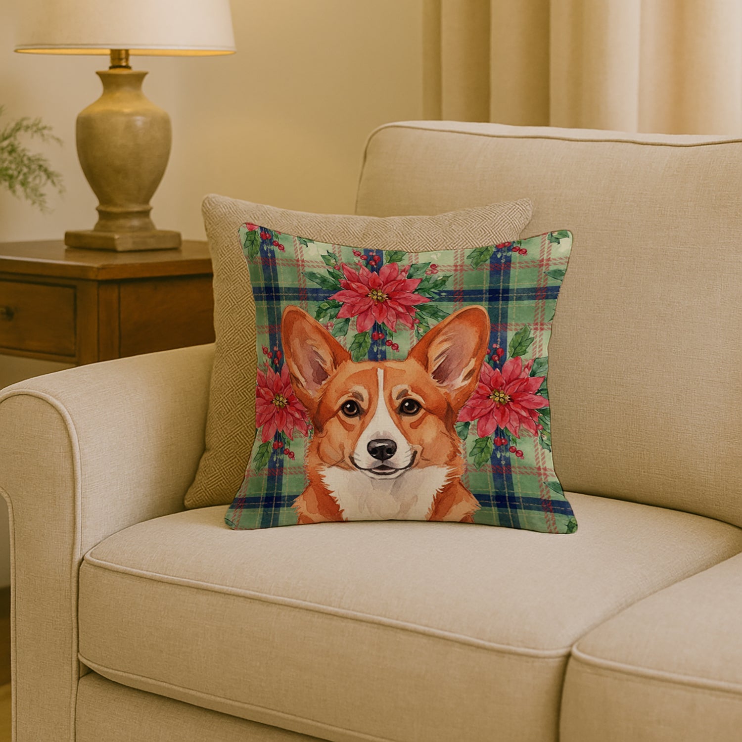 Red Cardigan Welsh Corgi Christmas PoinsettIas Decorative Throw Pillow 18x18 Indoor Outdoor Accent Cushion, Fabric Cover with Insert for Sofa, Bed, Porch & Living Room