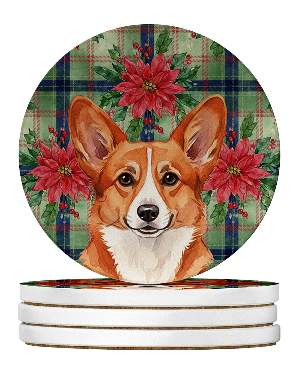 Red Cardigan Welsh Corgi Christmas PoinsettIas Large Sandstone Coasters Pack of 4 Absorbent Round Coasters Decor Gifts for Men or Women, 4 in, Multicolor