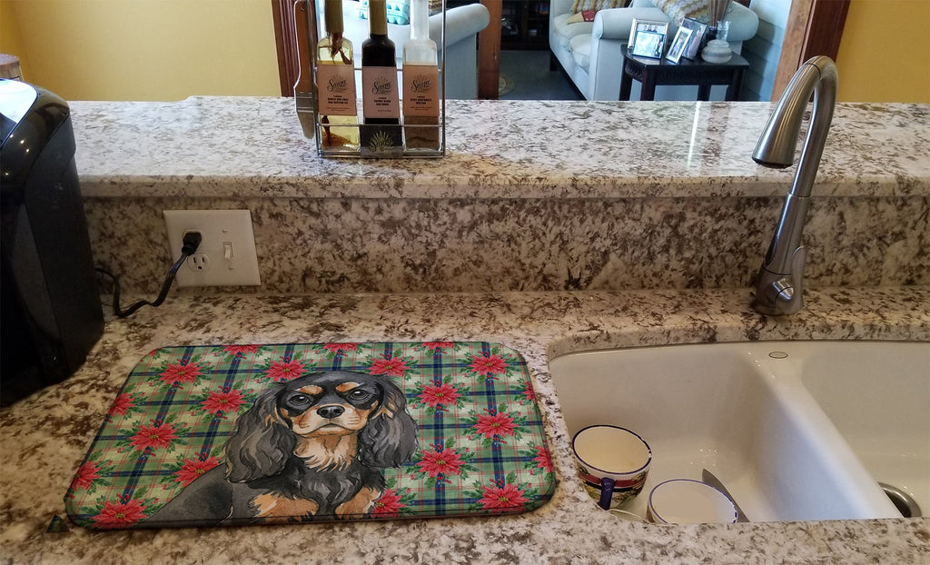 Black and Tan Cavalier Spaniel Christmas PoinsettIas Dish Drying Mat Absorbent Dish Drying Mat Pad for Kitchen Counter Dish Drainer Mat for Countertop, 14 x 21", Multicolor
