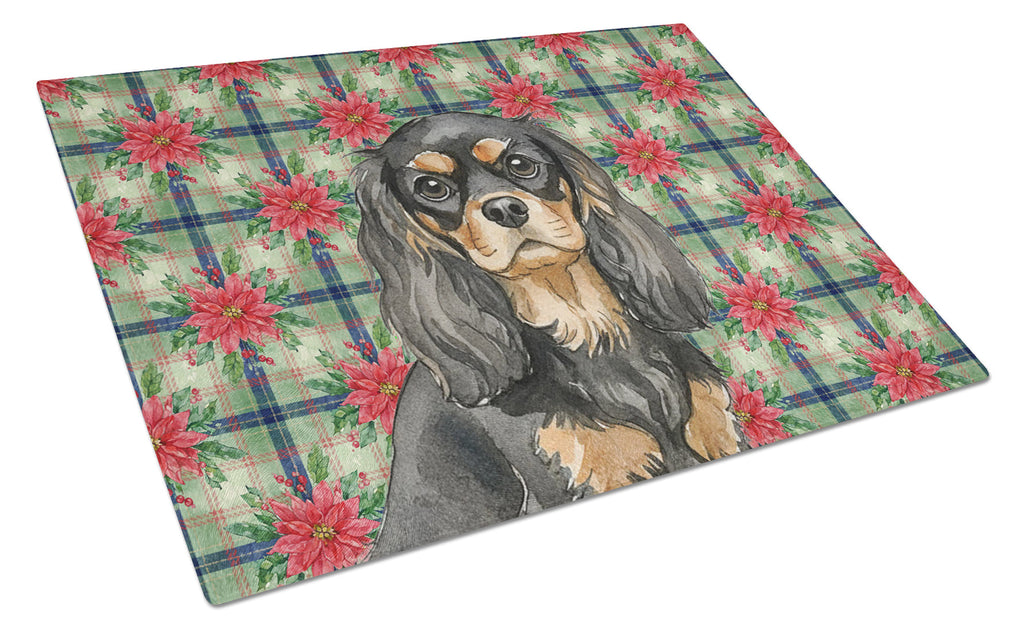 Black and Tan Cavalier Spaniel Christmas PoinsettIas Cutting Board Tempered Glass Kitchen Cutting Surface, Heat Resistant Chopping, Non-Slip Feet, Food Prep & Serving