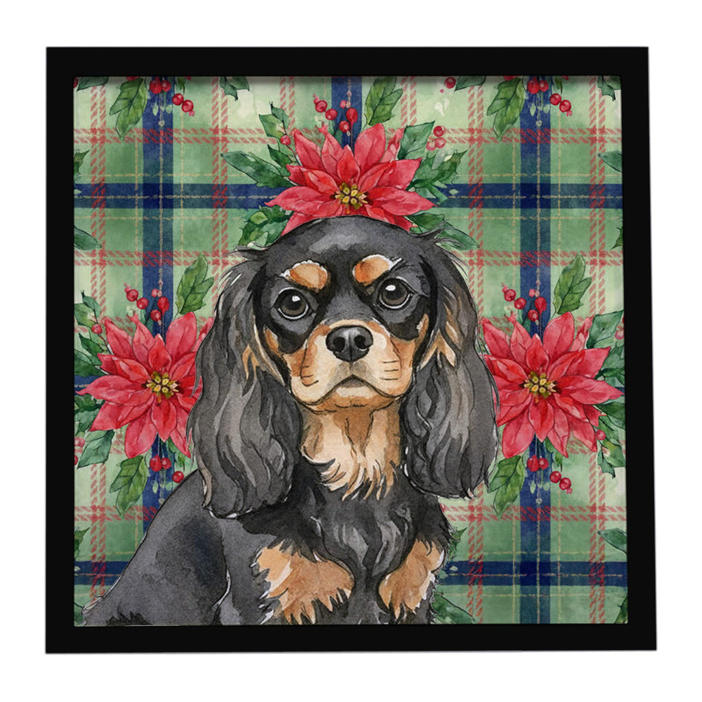 Black and Tan Cavalier Spaniel Christmas PoinsettIas Framed Metal Print Bathroom, Kitchen, Office, Home Decor Wall Art Ready to Hang, Square, 8X8