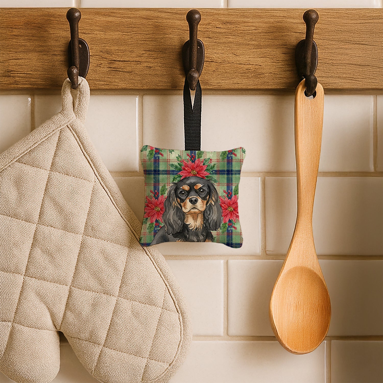 Black and Tan Cavalier Spaniel Christmas PoinsettIas Hanging Square Fabric Ornament 3.5 � 3.5 Decorative Door-Knob & Tree Hanger, Soft Fabric