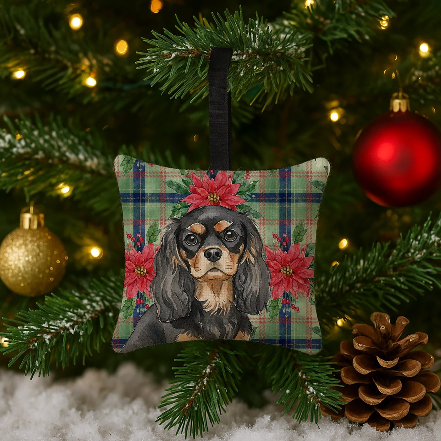 Black and Tan Cavalier Spaniel Christmas PoinsettIas Hanging Square Fabric Ornament 3.5 � 3.5 Decorative Door-Knob & Tree Hanger, Soft Fabric