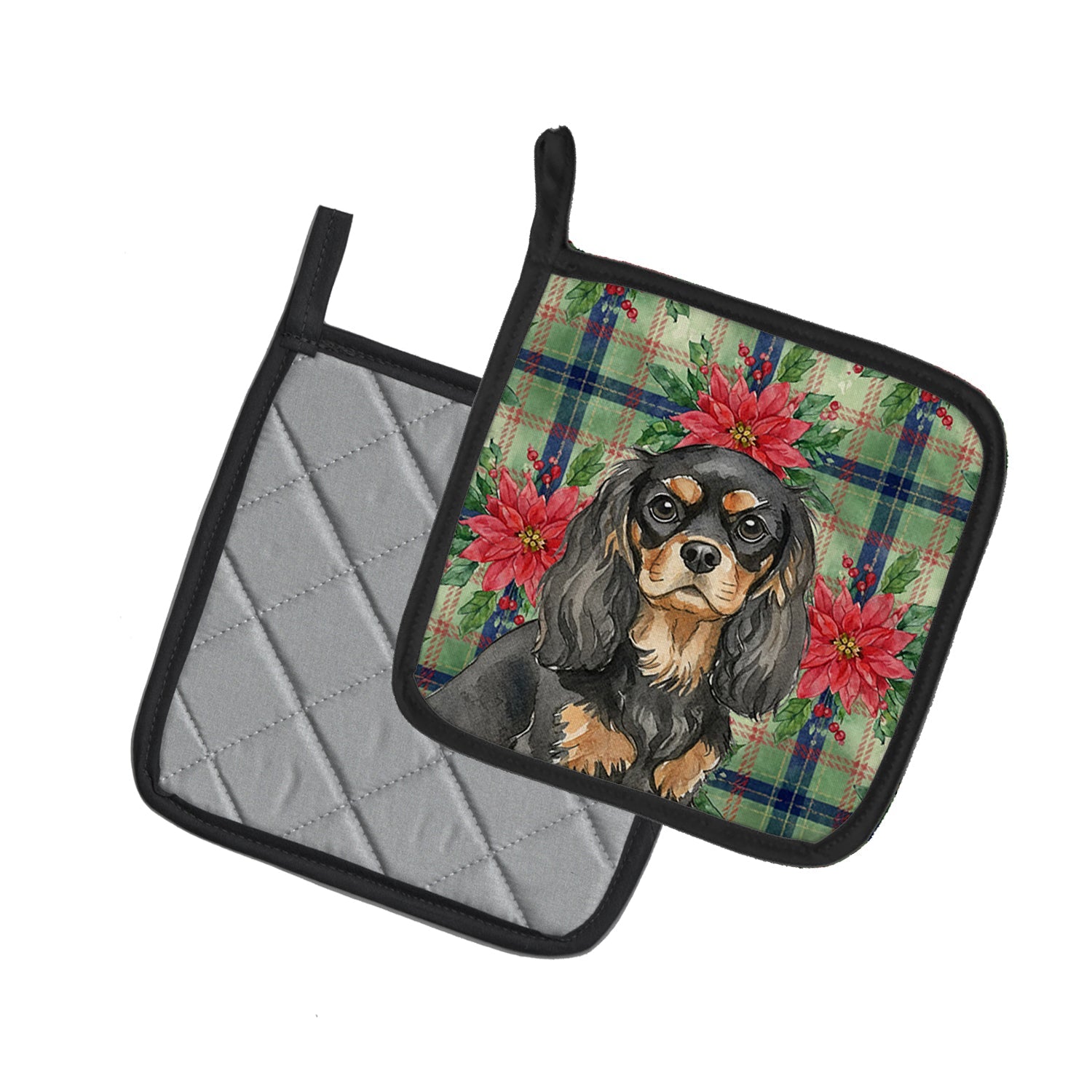 Black and Tan Cavalier Spaniel Christmas PoinsettIas Pot Holder Set of 2 Heat Resistant Quilted Hot Pads 7.5 x 7.5 Inch, Insulated Kitchen Trivets for Cooking & Baking