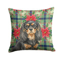 Black and Tan Cavalier Spaniel Christmas PoinsettIas Decorative Throw Pillow 14x14 Indoor Outdoor Accent Cushion, Fabric Cover with Insert for Sofa, Bed, Porch & Living Room