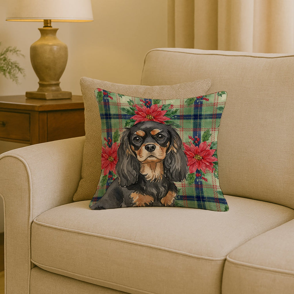 Black and Tan Cavalier Spaniel Christmas PoinsettIas Decorative Throw Pillow 18x18 Indoor Outdoor Accent Cushion, Fabric Cover with Insert for Sofa, Bed, Porch & Living Room