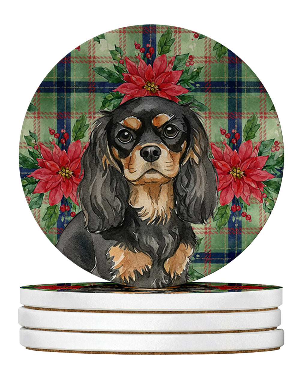 Black and Tan Cavalier Spaniel Christmas PoinsettIas Large Sandstone Coasters Pack of 4 Absorbent Round Coasters Decor Gifts for Men or Women, 4 in, Multicolor