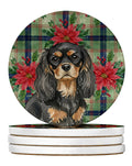 Black and Tan Cavalier Spaniel Christmas PoinsettIas Large Sandstone Coasters Pack of 4 Absorbent Round Coasters Decor Gifts for Men or Women, 4 in, Multicolor