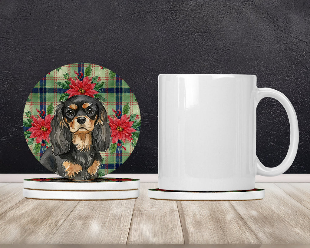 Black and Tan Cavalier Spaniel Christmas PoinsettIas Large Sandstone Coasters Pack of 4 Absorbent Round Coasters Decor Gifts for Men or Women, 4 in, Multicolor
