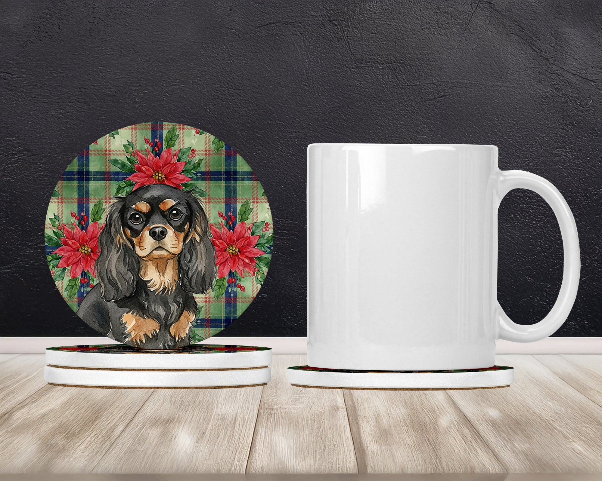 Black and Tan Cavalier Spaniel Christmas PoinsettIas Large Sandstone Coasters Pack of 4 Absorbent Round Coasters Decor Gifts for Men or Women, 4 in, Multicolor