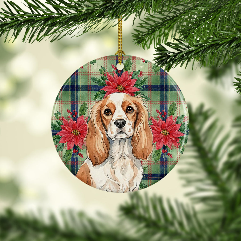 Blenheim Cavalier Spaniel Christmas PoinsettIas Ceramic Ornament Christmas Tree Hanging Decorations for Home Christmas Holiday, Party, Gift, 3 in, Multicolor