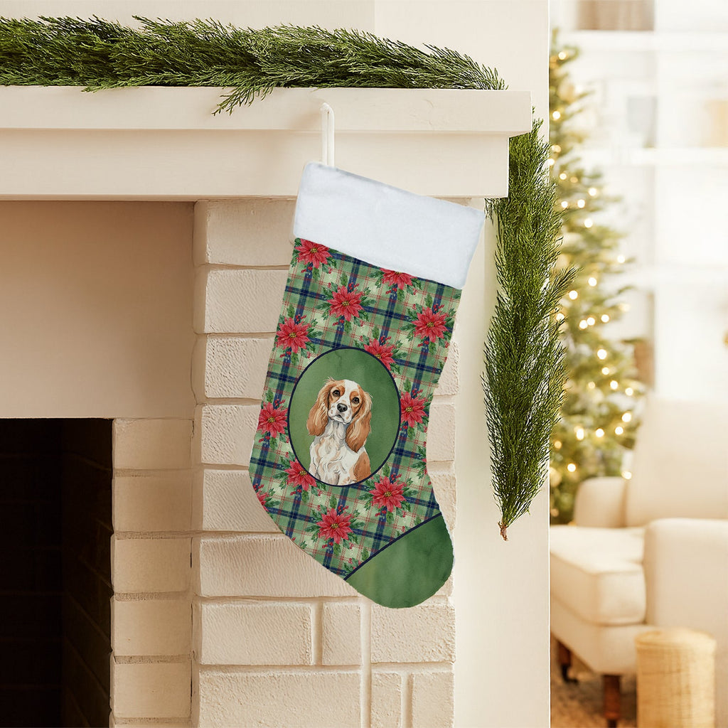 Blenheim Cavalier Spaniel Christmas PoinsettIas Holiday Stocking Double-Sided Print, Polyester Suede,11x18, Made in USA