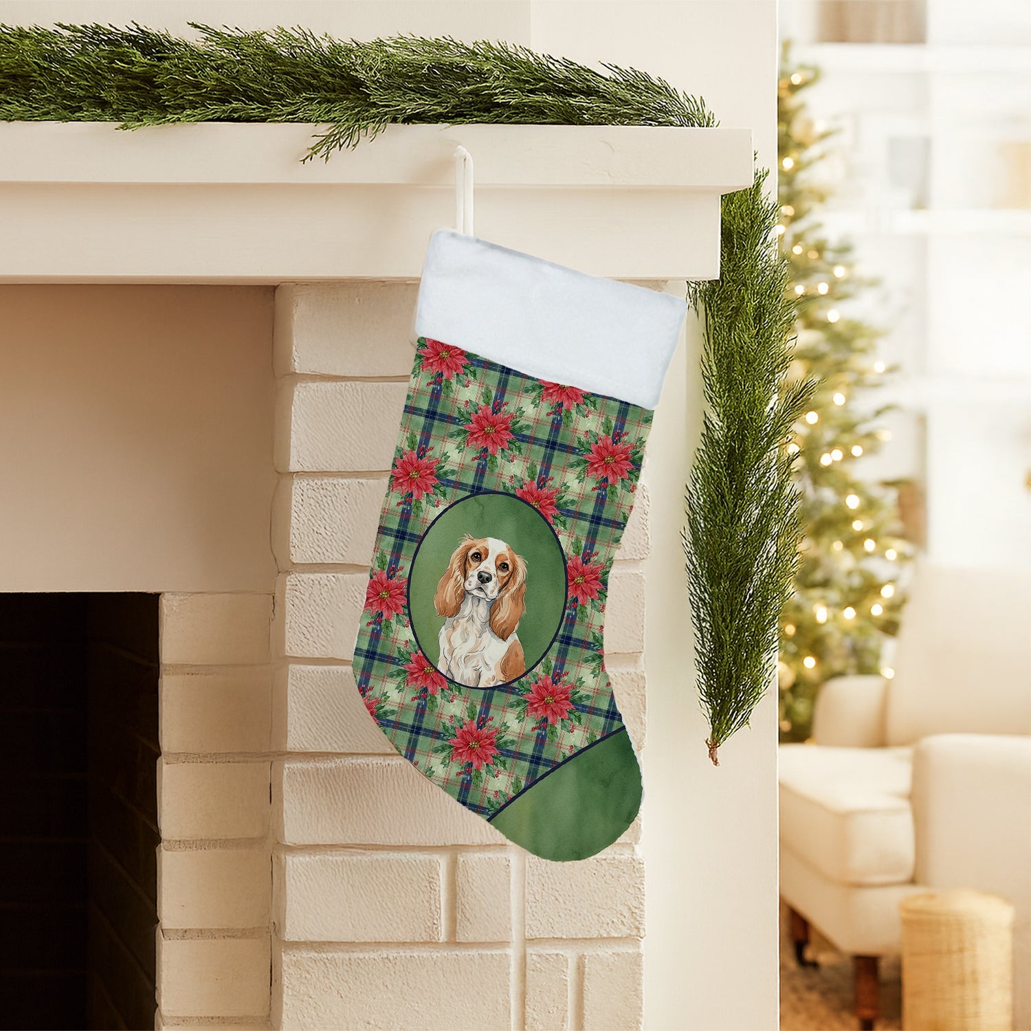 Blenheim Cavalier Spaniel Christmas PoinsettIas Holiday Stocking Double-Sided Print, Polyester Suede,11x18, Made in USA