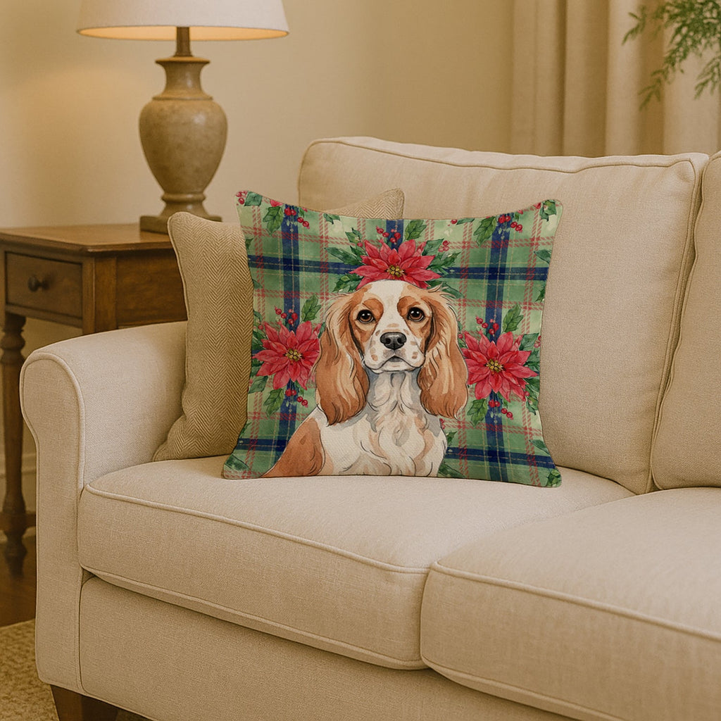 Blenheim Cavalier Spaniel Christmas PoinsettIas Decorative Throw Pillow 14x14 Indoor Outdoor Accent Cushion, Fabric Cover with Insert for Sofa, Bed, Porch & Living Room