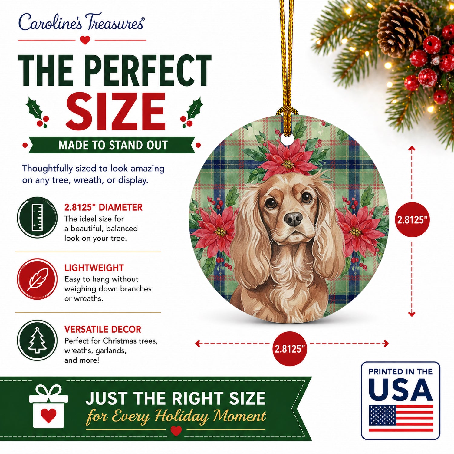 Ruby Cavalier Spaniel Christmas PoinsettIas Ceramic Ornament Christmas Tree Hanging Decorations for Home Christmas Holiday, Party, Gift, 3 in, Multicolor