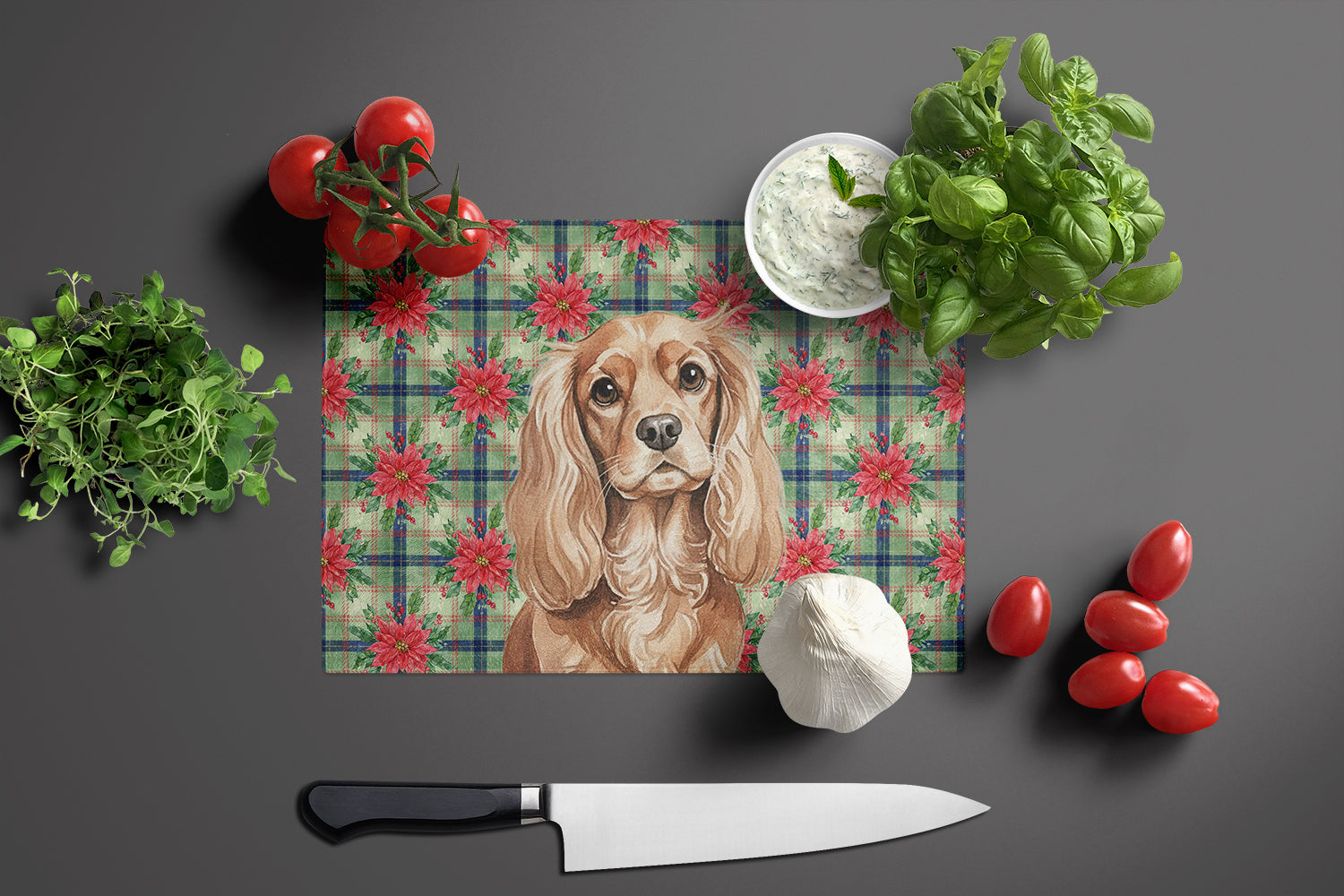 Ruby Cavalier Spaniel Christmas PoinsettIas Cutting Board Tempered Glass Kitchen Cutting Surface, Heat Resistant Chopping, Non-Slip Feet, Food Prep & Serving