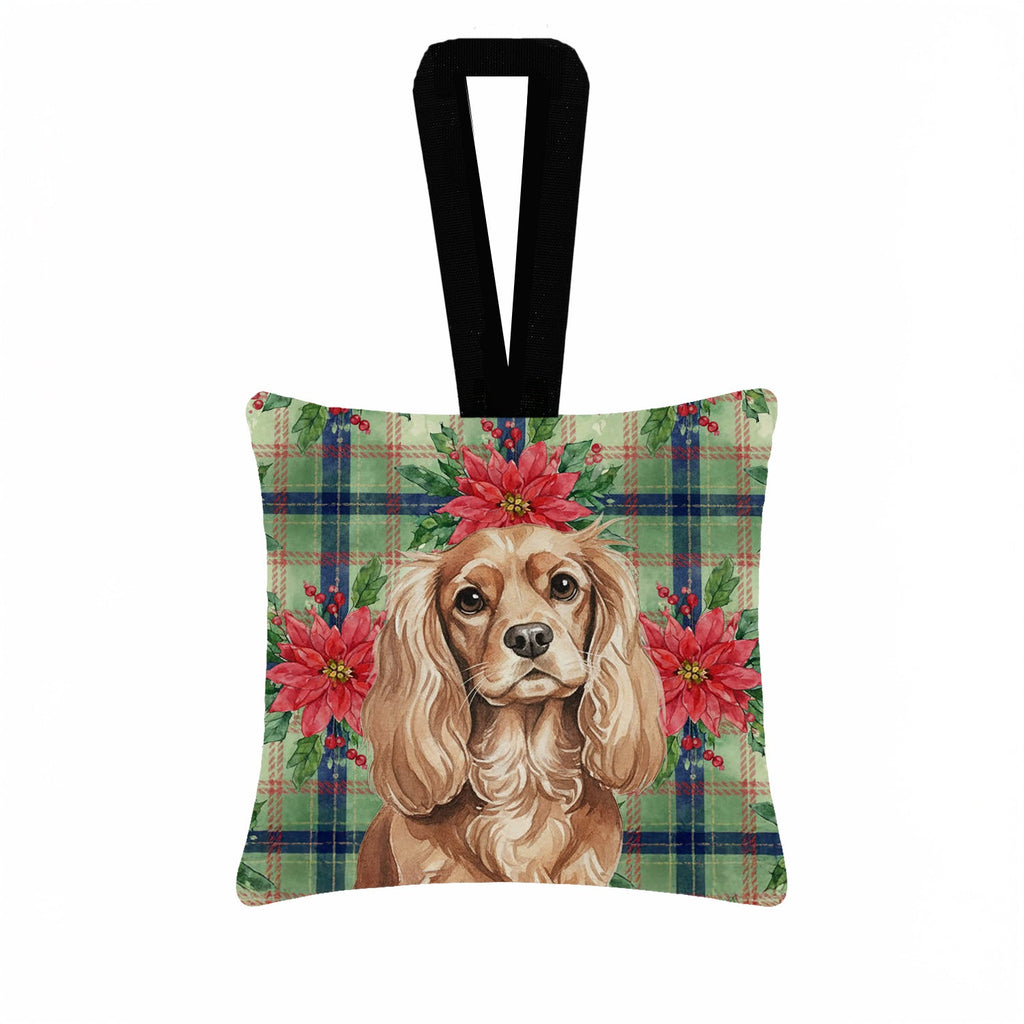 Ruby Cavalier Spaniel Christmas PoinsettIas Hanging Square Fabric Ornament 3.5 � 3.5 Decorative Door-Knob & Tree Hanger, Soft Fabric