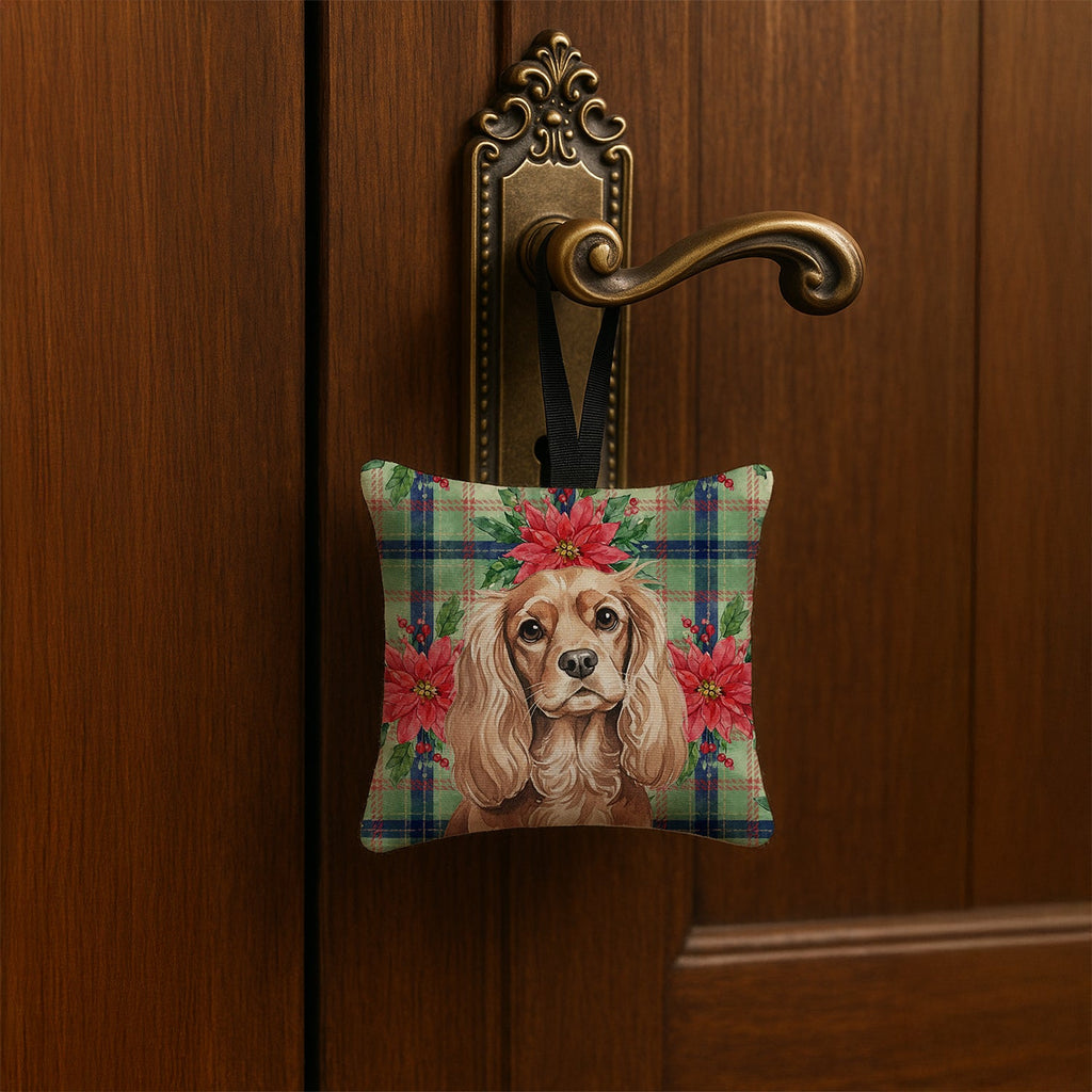 Ruby Cavalier Spaniel Christmas PoinsettIas Hanging Square Fabric Ornament 3.5 � 3.5 Decorative Door-Knob & Tree Hanger, Soft Fabric