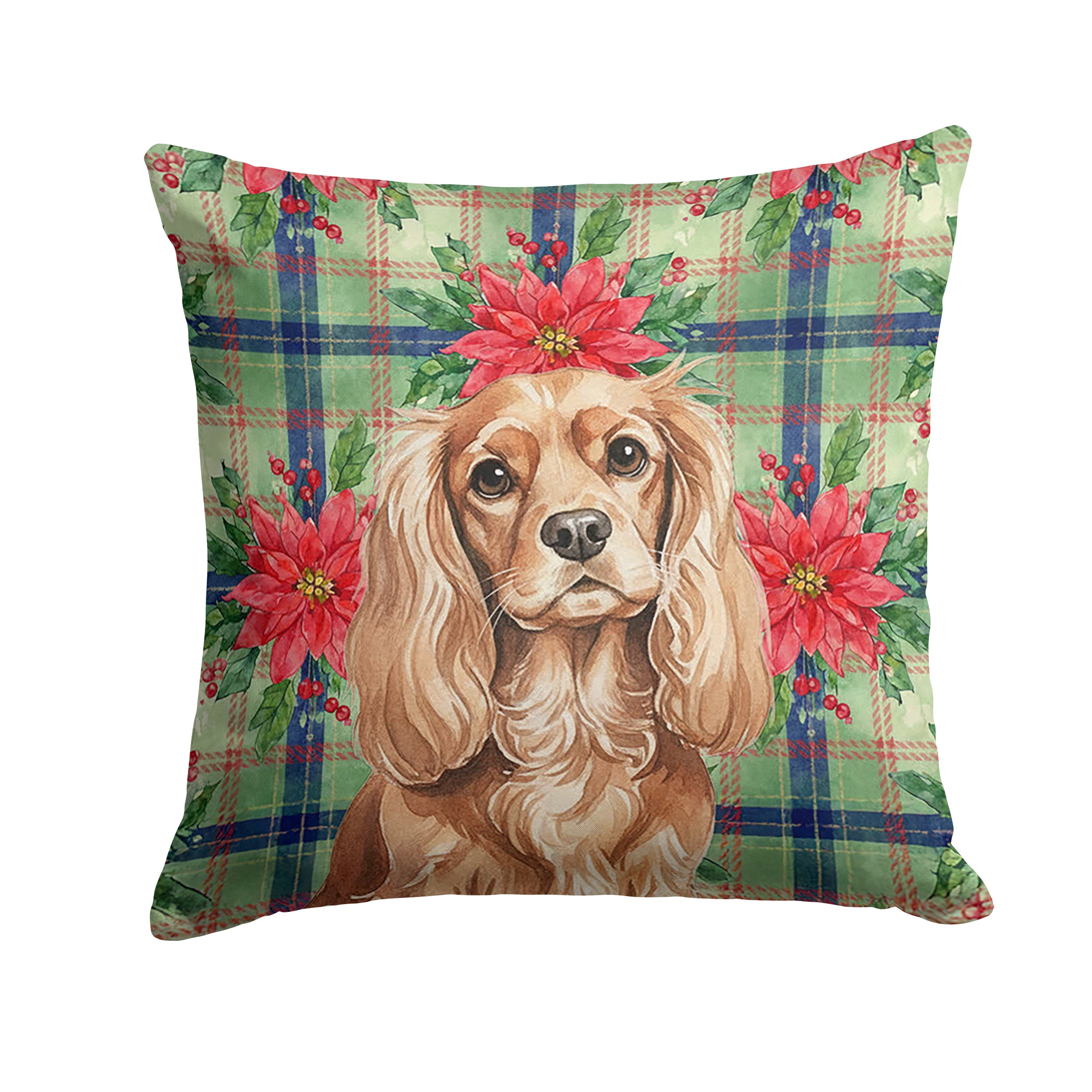 Ruby Cavalier Spaniel Christmas PoinsettIas Decorative Throw Pillow 14x14 Indoor Outdoor Accent Cushion, Fabric Cover with Insert for Sofa, Bed, Porch & Living Room
