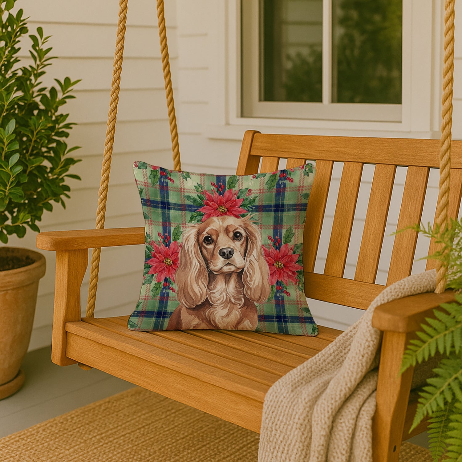 Ruby Cavalier Spaniel Christmas PoinsettIas Decorative Throw Pillow 18x18 Indoor Outdoor Accent Cushion, Fabric Cover with Insert for Sofa, Bed, Porch & Living Room