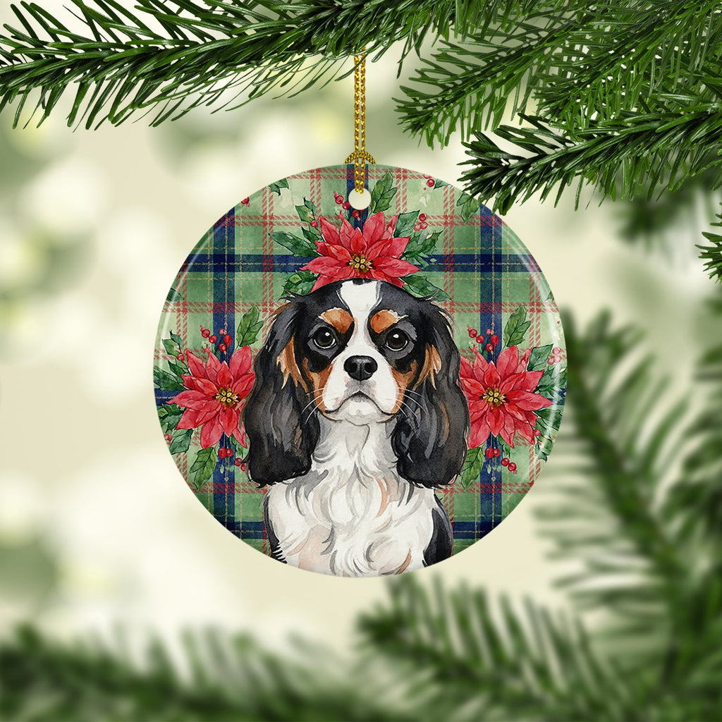 Tricolor Cavalier Spaniel Christmas PoinsettIas Ceramic Ornament Christmas Tree Hanging Decorations for Home Christmas Holiday, Party, Gift, 3 in, Multicolor