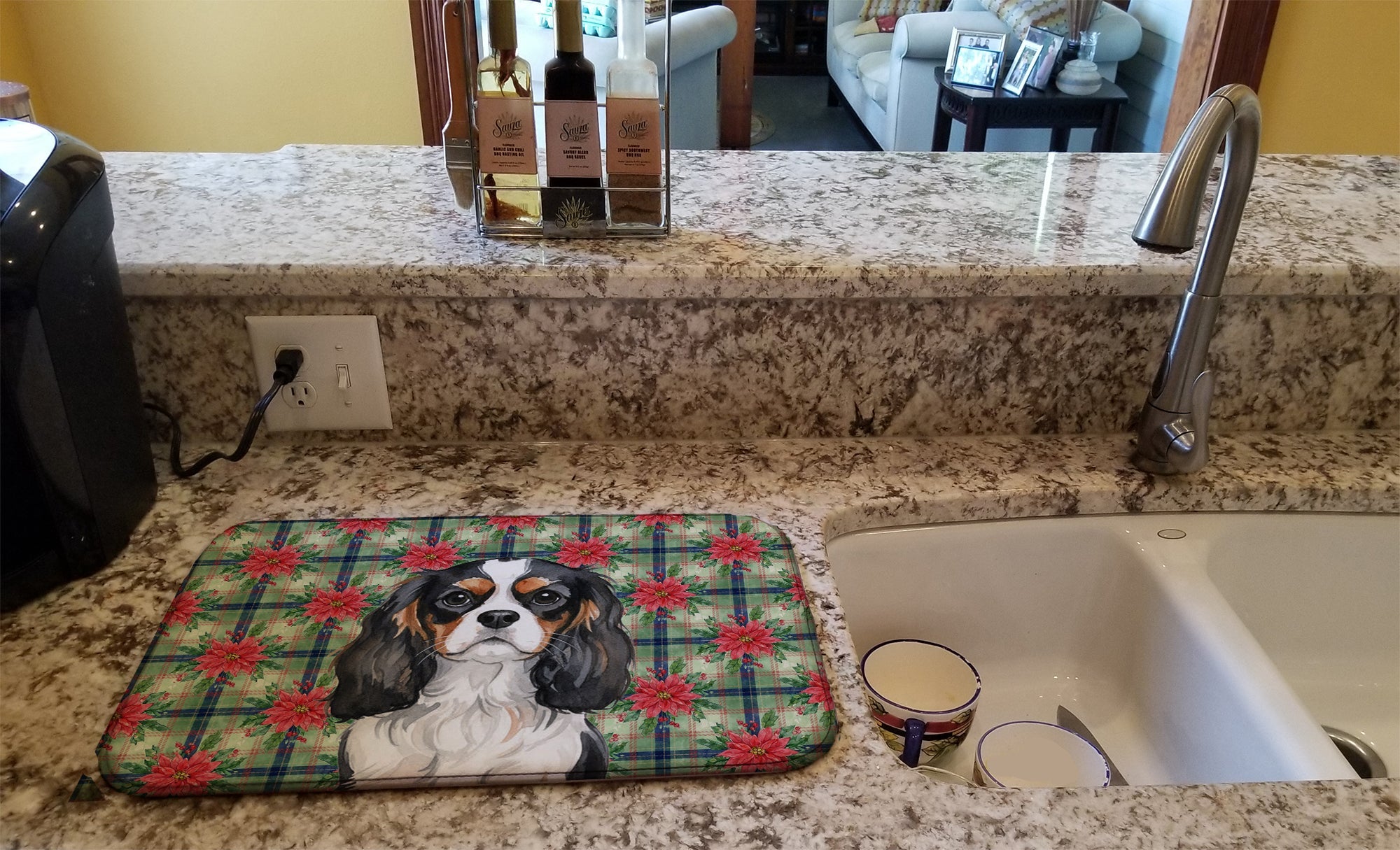Tricolor Cavalier Spaniel Christmas PoinsettIas Dish Drying Mat Absorbent Dish Drying Mat Pad for Kitchen Counter Dish Drainer Mat for Countertop, 14 x 21", Multicolor
