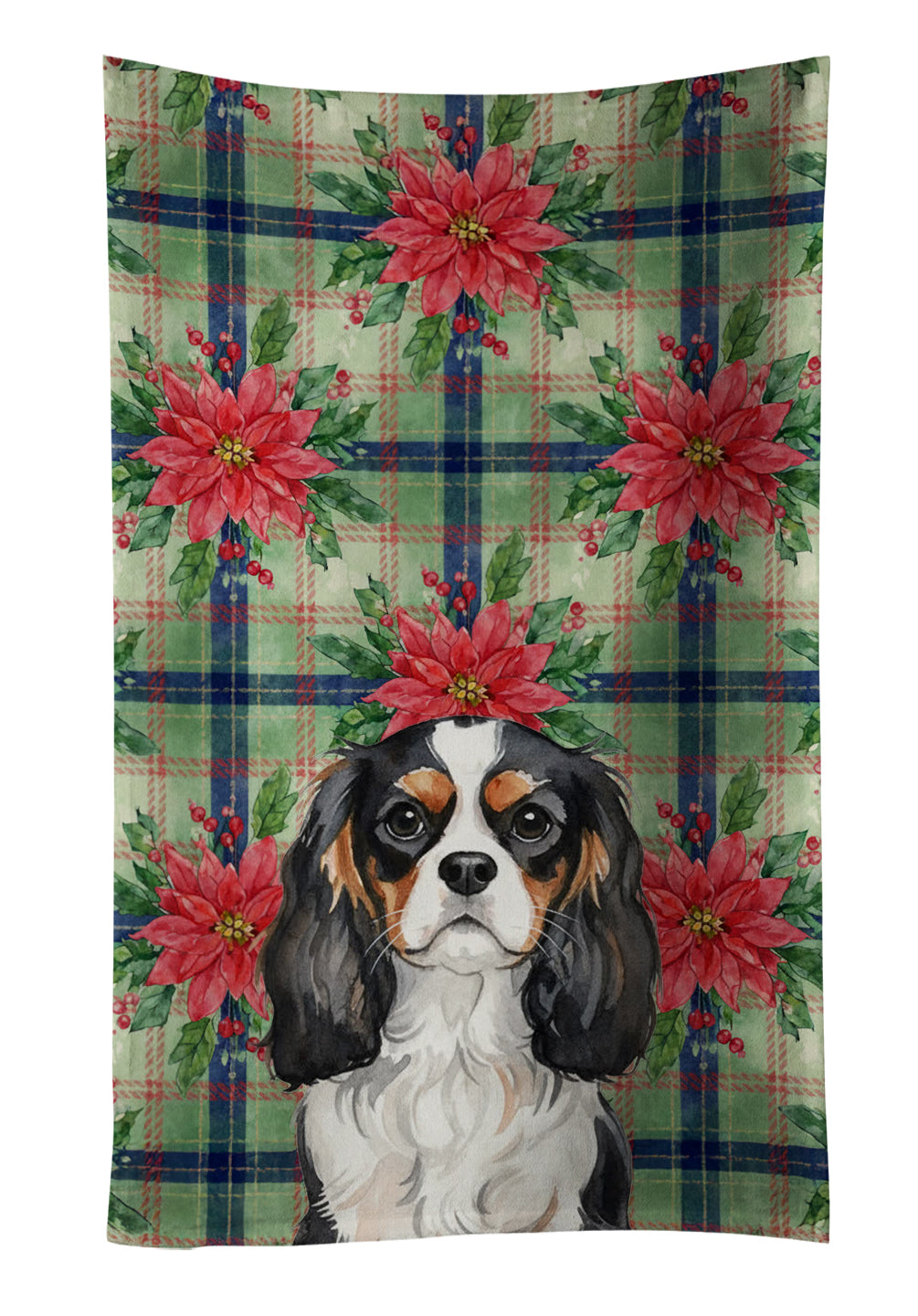 Tricolor Cavalier Spaniel Christmas PoinsettIas Kitchen Towel Velour Plush Front and Cotton Loop Back Machine Washable