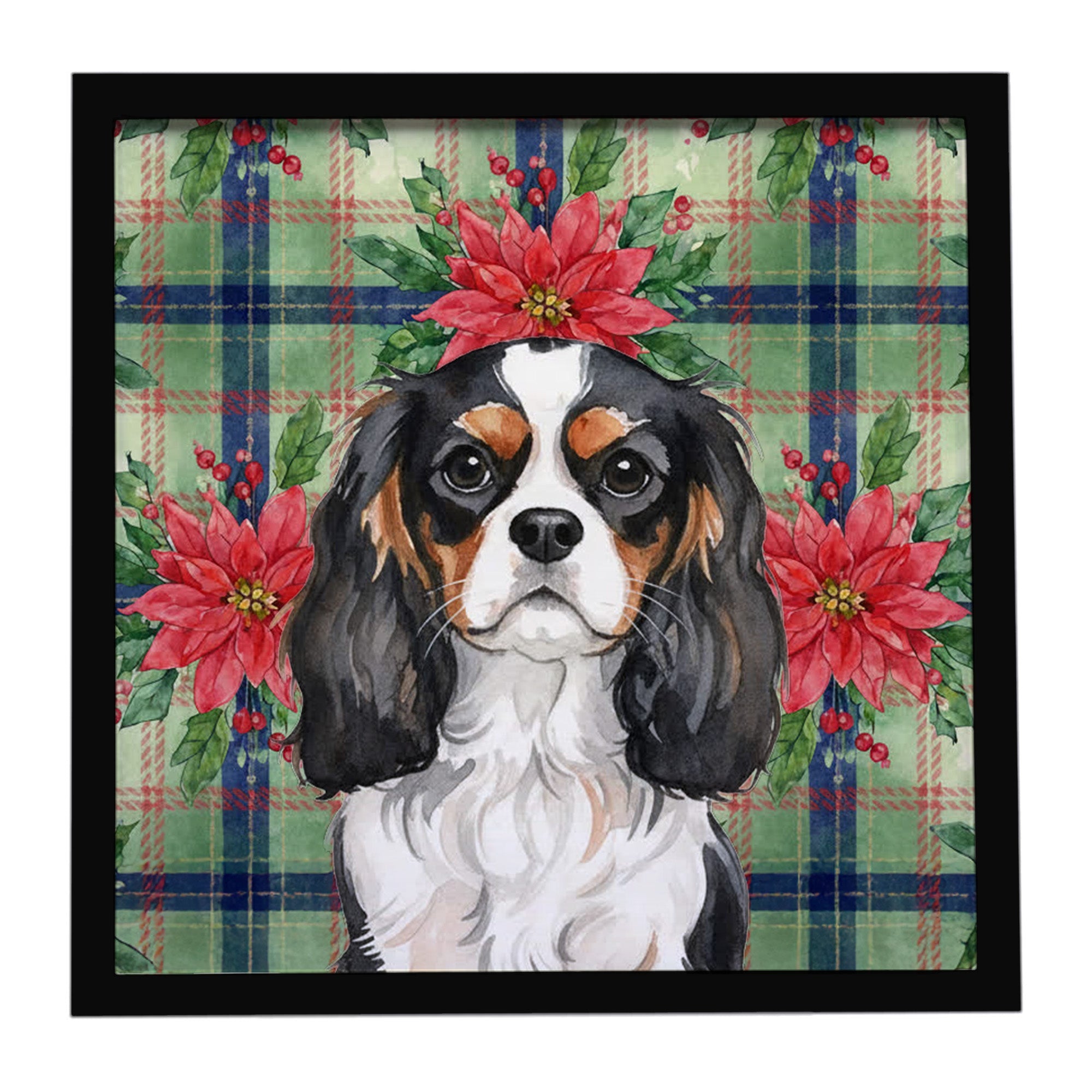 Tricolor Cavalier Spaniel Christmas PoinsettIas Framed Metal Print Bathroom, Kitchen, Office, Home Decor Wall Art Ready to Hang, Square, 8X8