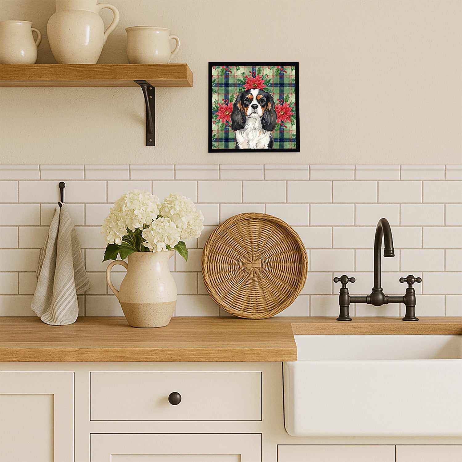 Tricolor Cavalier Spaniel Christmas PoinsettIas Framed Metal Print Bathroom, Kitchen, Office, Home Decor Wall Art Ready to Hang, Square, 8X8