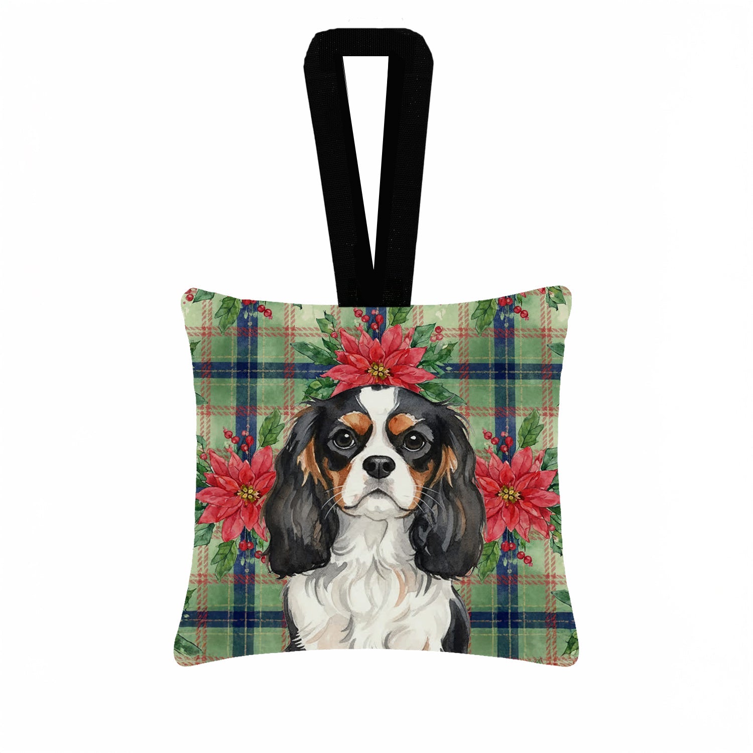 Tricolor Cavalier Spaniel Christmas PoinsettIas Hanging Square Fabric Ornament 3.5 � 3.5 Decorative Door-Knob & Tree Hanger, Soft Fabric