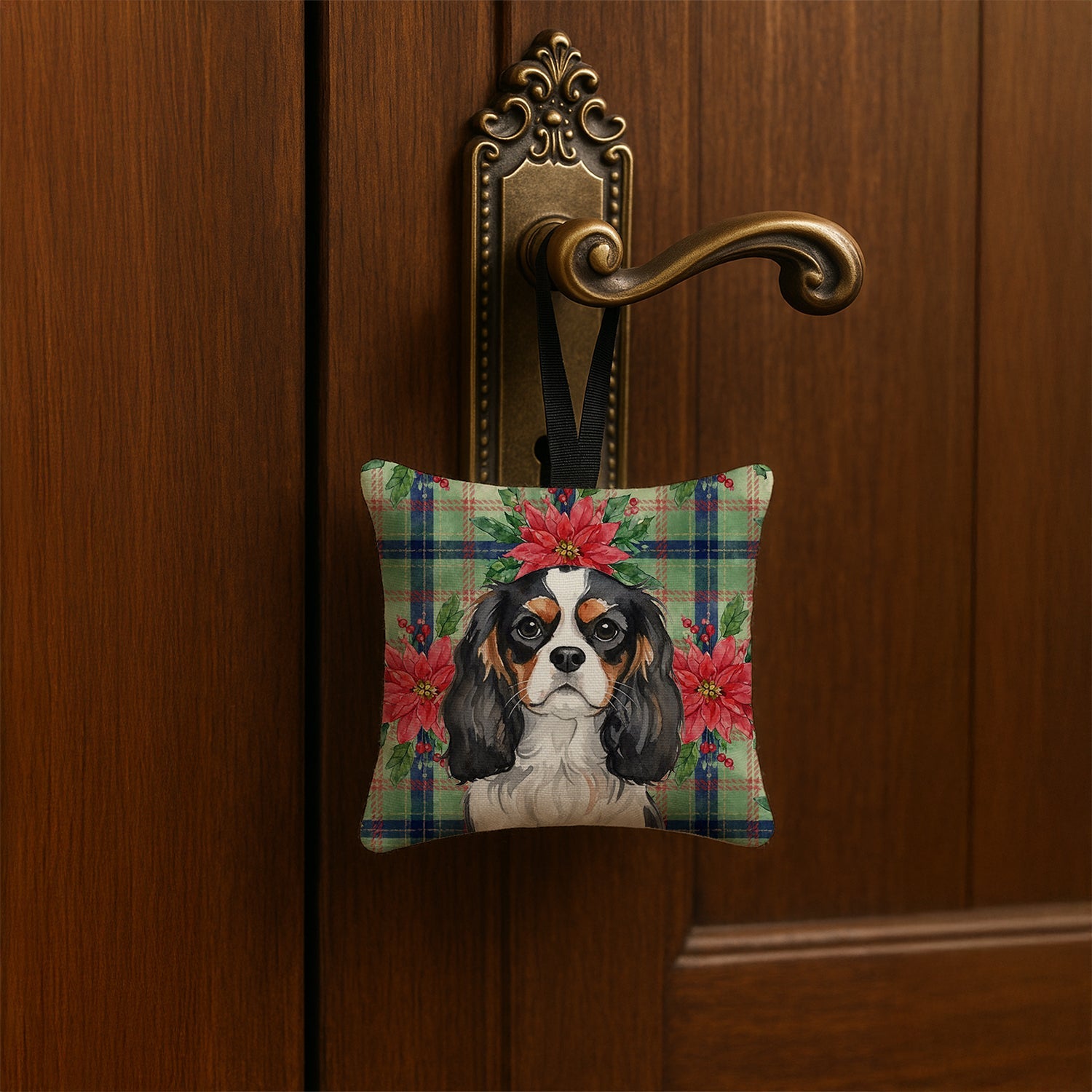 Tricolor Cavalier Spaniel Christmas PoinsettIas Hanging Square Fabric Ornament 3.5 � 3.5 Decorative Door-Knob & Tree Hanger, Soft Fabric