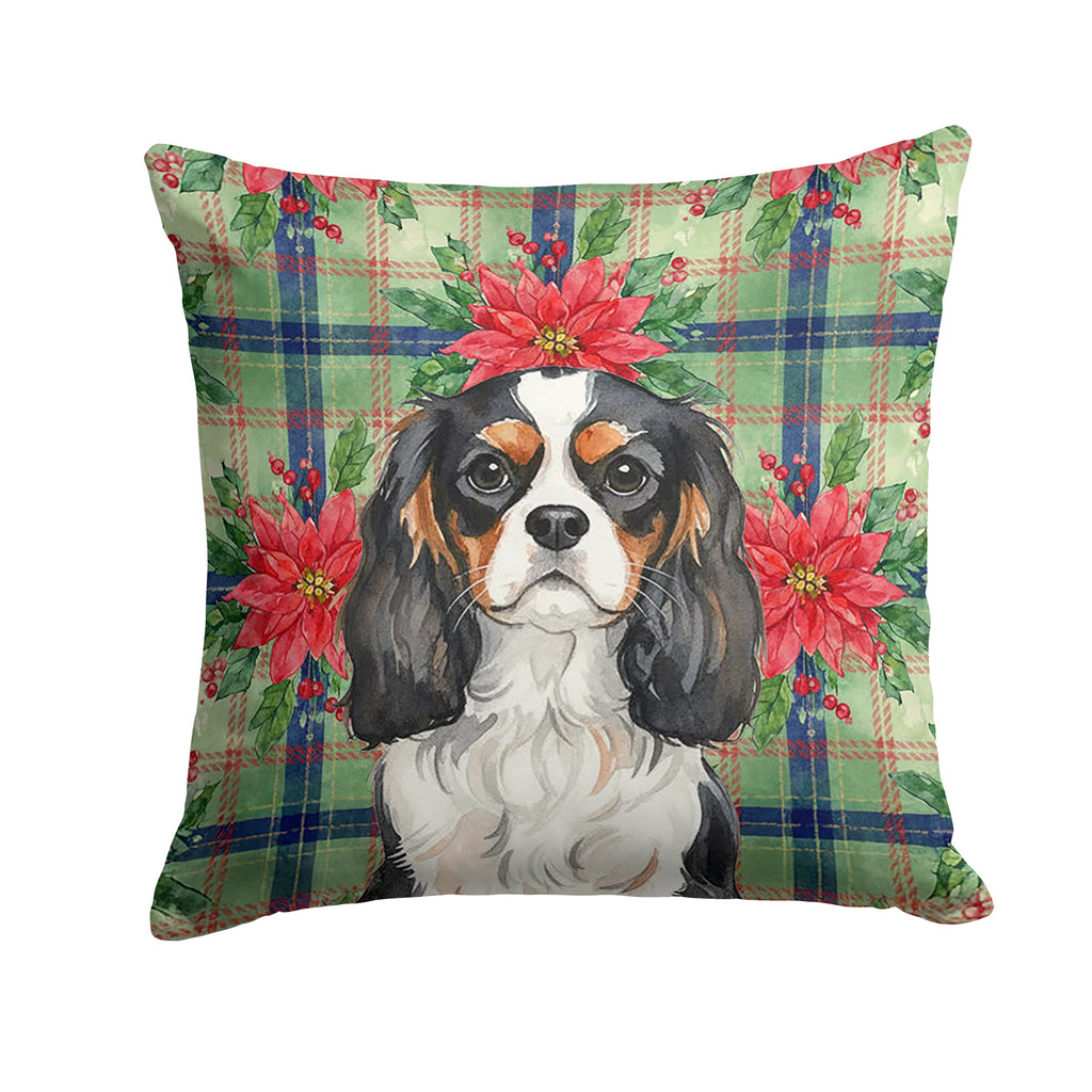 Tricolor Cavalier Spaniel Christmas PoinsettIas Decorative Throw Pillow 14x14 Indoor Outdoor Accent Cushion, Fabric Cover with Insert for Sofa, Bed, Porch & Living Room