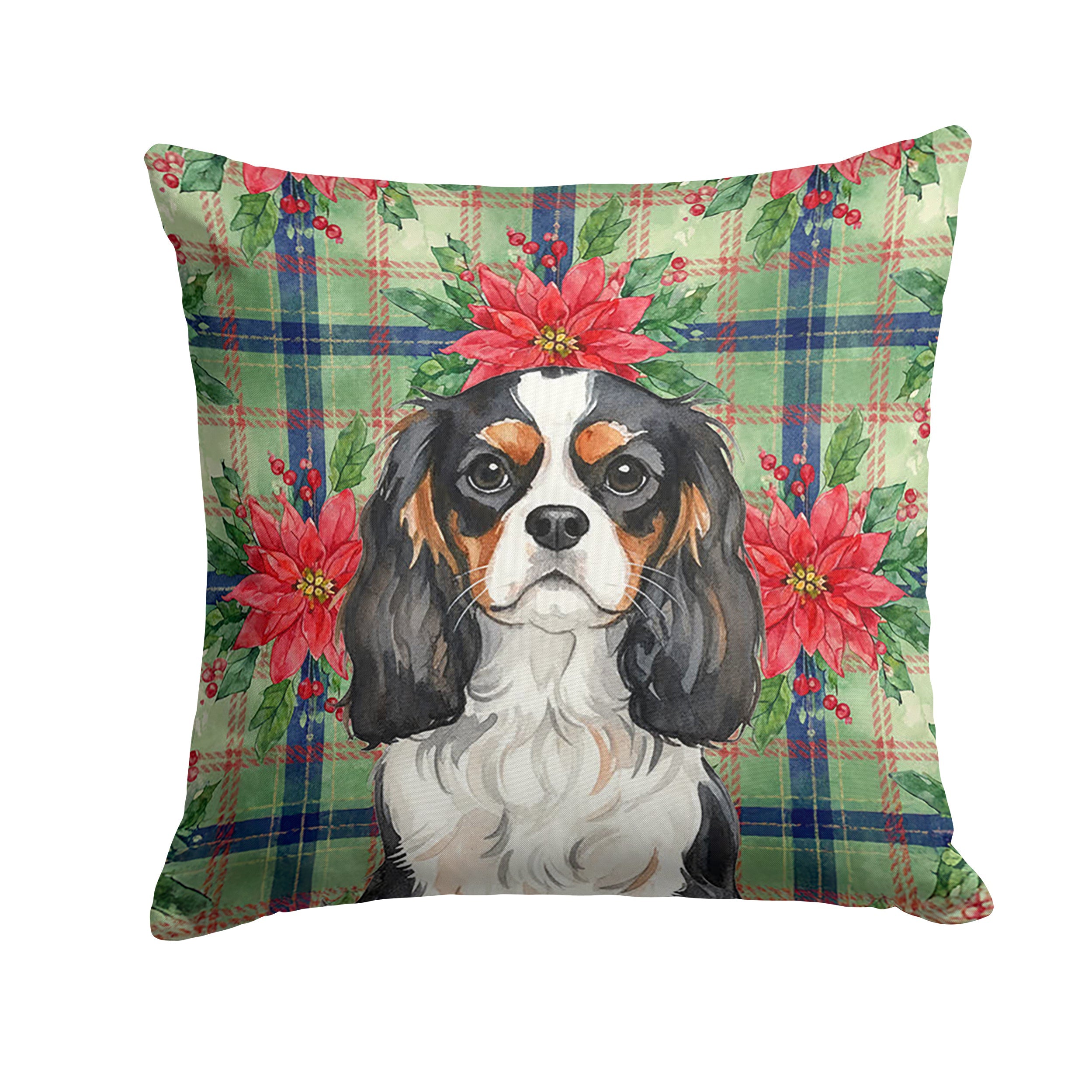 Tricolor Cavalier Spaniel Christmas PoinsettIas Decorative Throw Pillow 14x14 Indoor Outdoor Accent Cushion, Fabric Cover with Insert for Sofa, Bed, Porch & Living Room