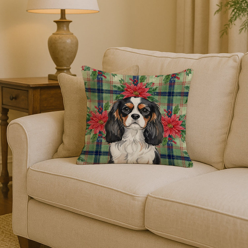 Tricolor Cavalier Spaniel Christmas PoinsettIas Decorative Throw Pillow 14x14 Indoor Outdoor Accent Cushion, Fabric Cover with Insert for Sofa, Bed, Porch & Living Room