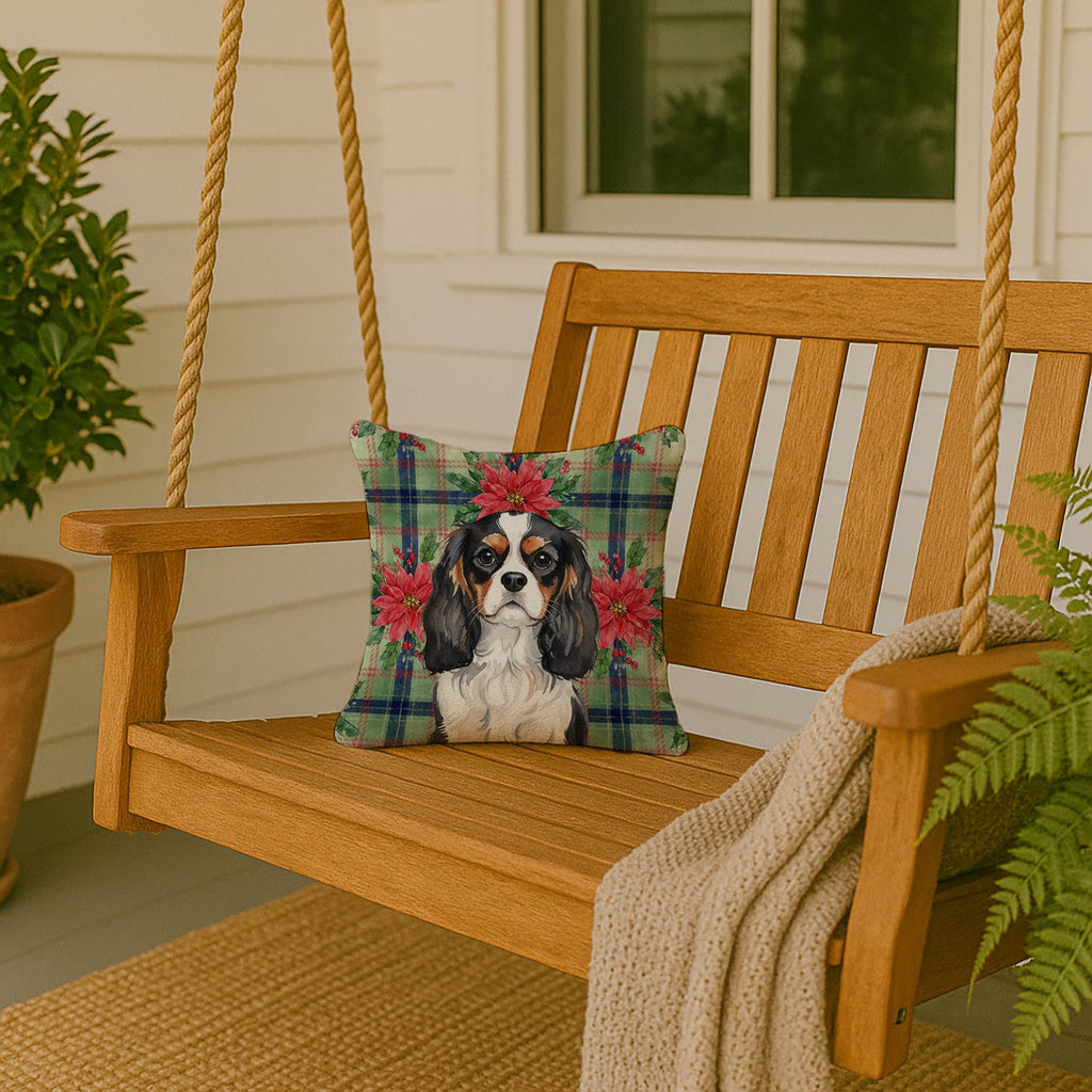 Tricolor Cavalier Spaniel Christmas PoinsettIas Decorative Throw Pillow 14x14 Indoor Outdoor Accent Cushion, Fabric Cover with Insert for Sofa, Bed, Porch & Living Room