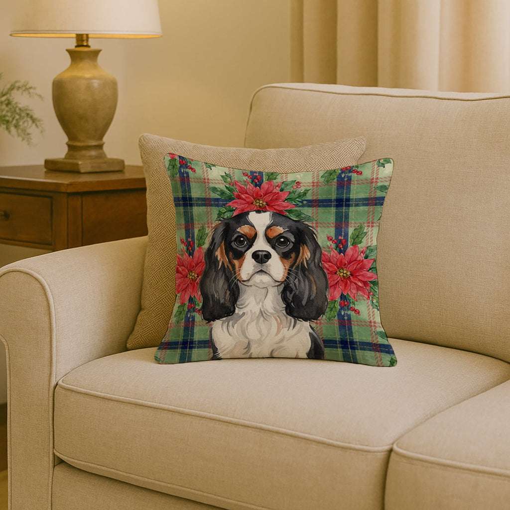Tricolor Cavalier Spaniel Christmas PoinsettIas Decorative Throw Pillow 18x18 Indoor Outdoor Accent Cushion, Fabric Cover with Insert for Sofa, Bed, Porch & Living Room